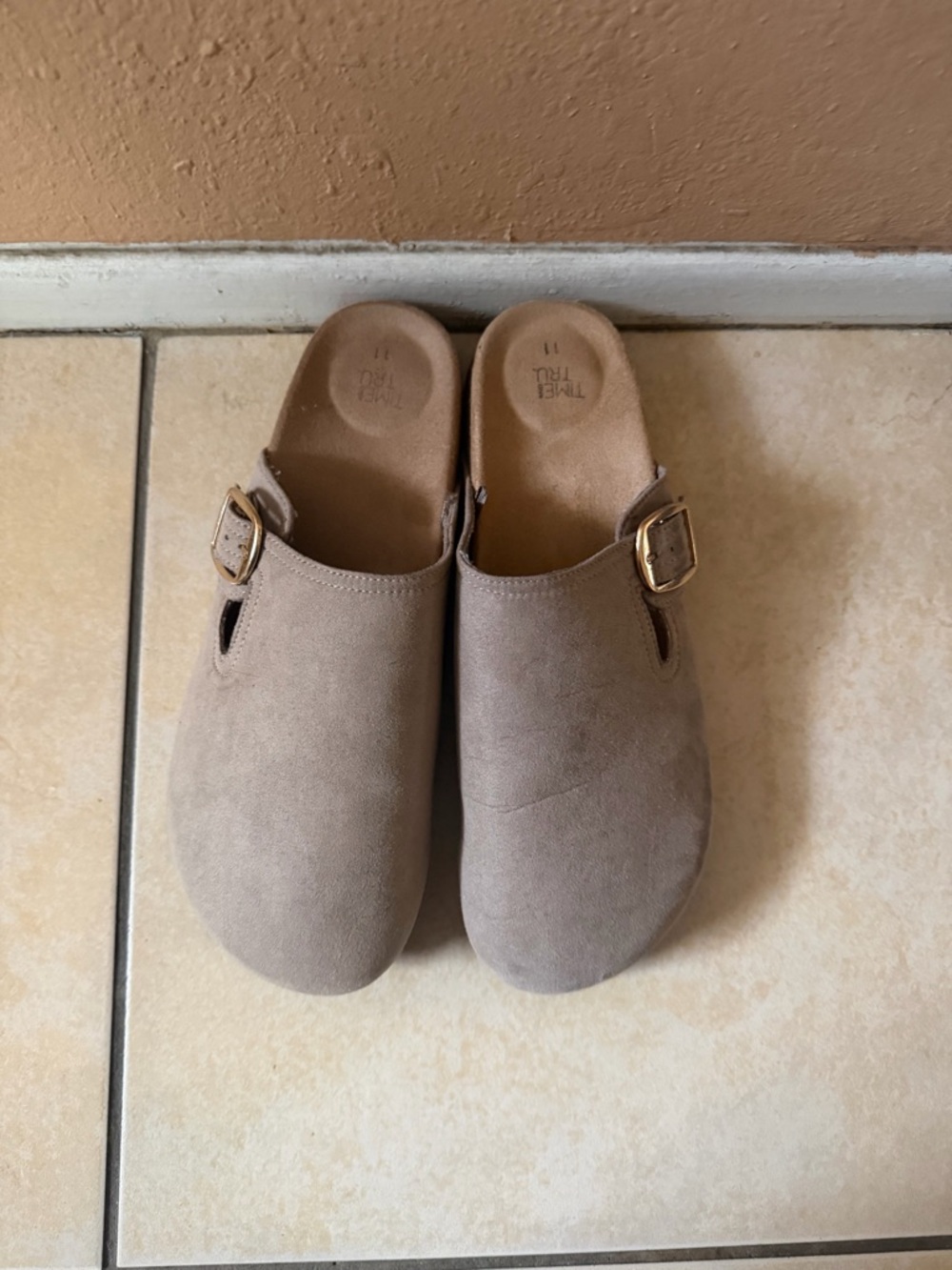 Time and Tru Taupe Slip-On Clog Flats with Gold Buckle